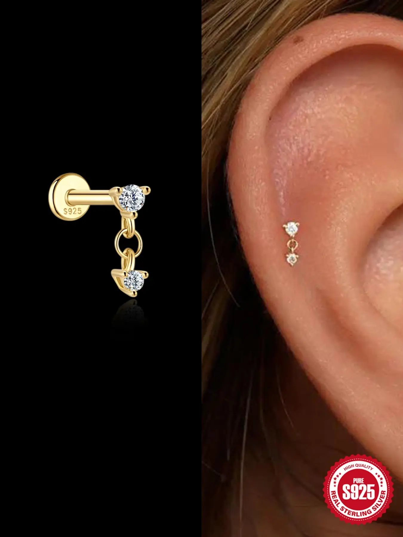 1Pc Waterproof S925 Silver Flat Back Stud Earring, Non-Tarnish Hypoallergenic Y2K Bling Rhinestone Accessories, Tarnish Free Internal Screw CZ Dangle Chain Cartilage Helix Piercing Bridal Wedding Party Gift, Hypoallergenic Earrings