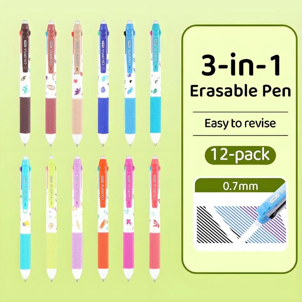 12 pack minimalist 3-in-1 erasable gel pens with dopamine inspired barrels, multi colour design, simple style, soft rubber grip, smooth ink that won't skip dries fast, perfect DIY studying office work writing notes