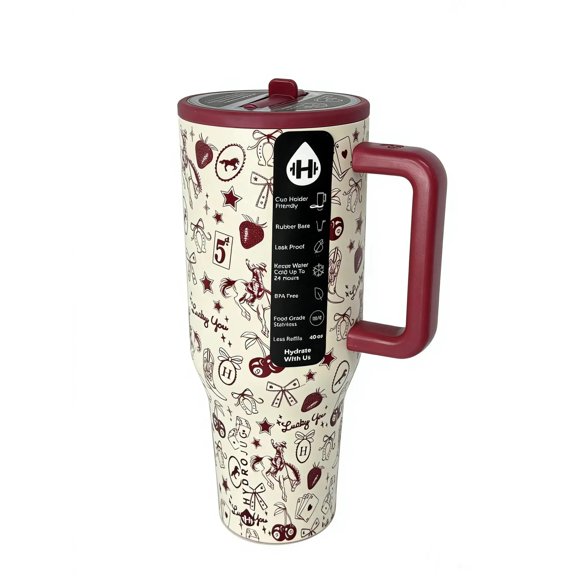 HydroJug 40oz Lucky You Cowgirl Tumbler • Stainless Steel Insulated Water Bottle, Built-in Handle & Leak-Resistant Straw Lid, Portable Drinkware Flasks Mug Bottles, Trendy Western-Themed Accessory, Great Gift Choice For Western Lovers