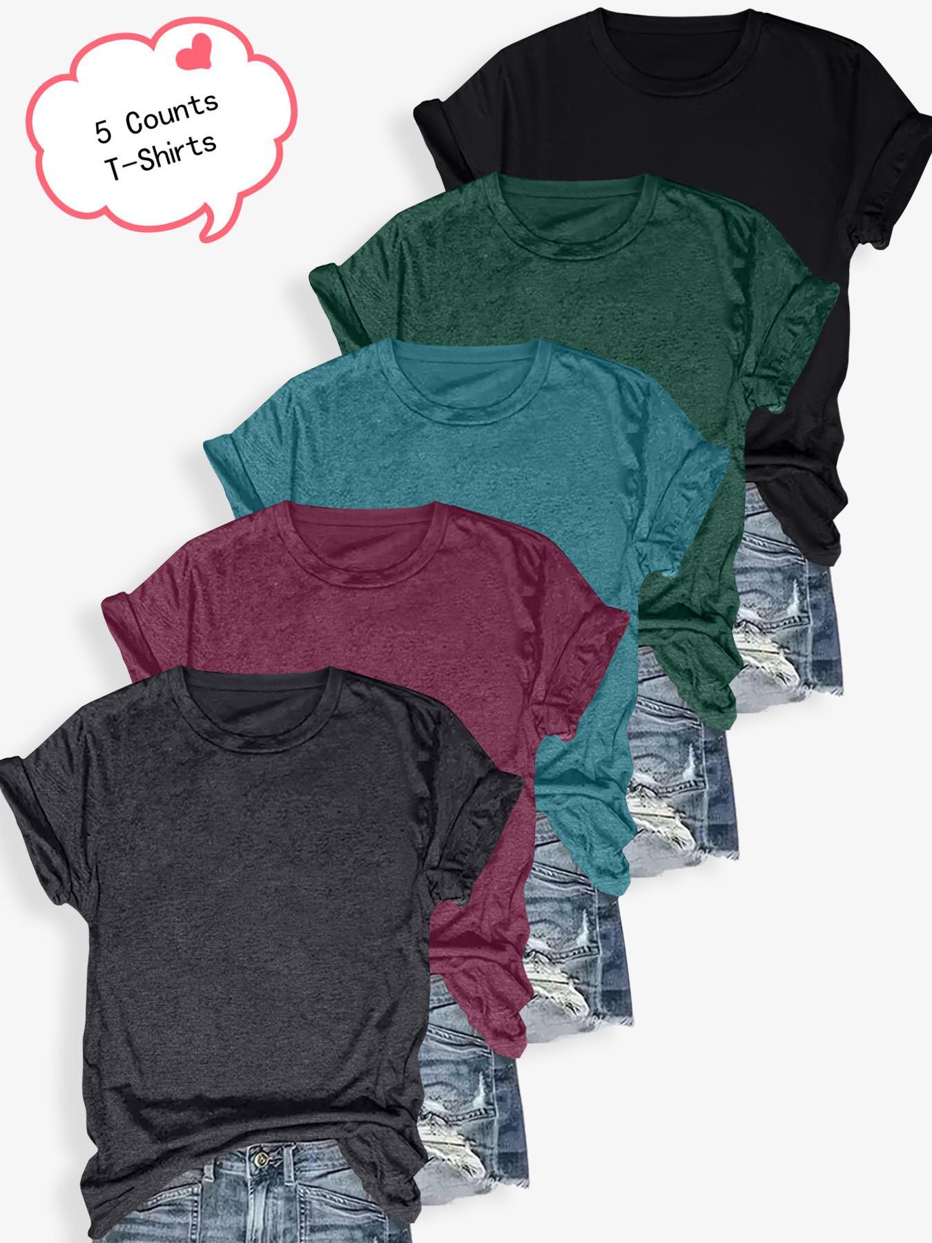 Women's Solid Color Round Neck Tee, Casual Short Sleeve Crew Neck T-shirt for Summer, Ladies Clothes for Daily Wear, Piece