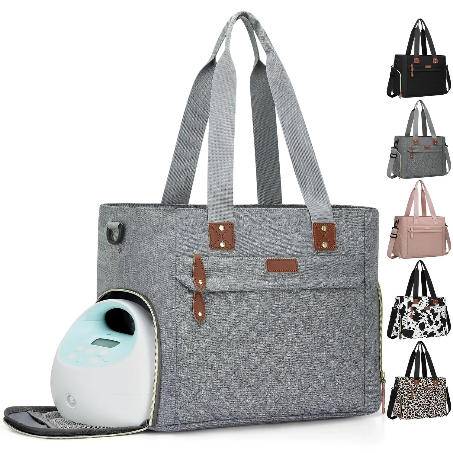 Large All-Seasons Travel Diaper Tote Bag for Working Parents, Grey Maternity Baby Bag with 14-in Laptop Sleeve & Safe Materials for Boys & Girls
