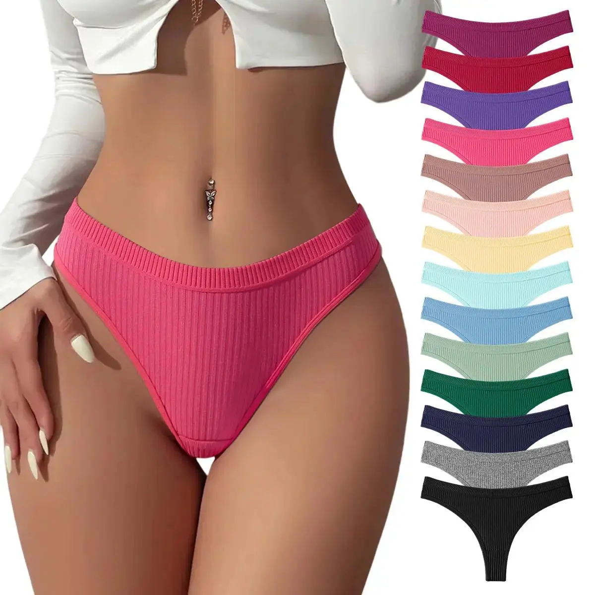 Women's 14-Pack Seamless Cotton Thongs - Low Waist Lady's Cotton Underwear, Funky Vintage Peppy Multicolor Colorblock Minimalist Soft Knicker Set