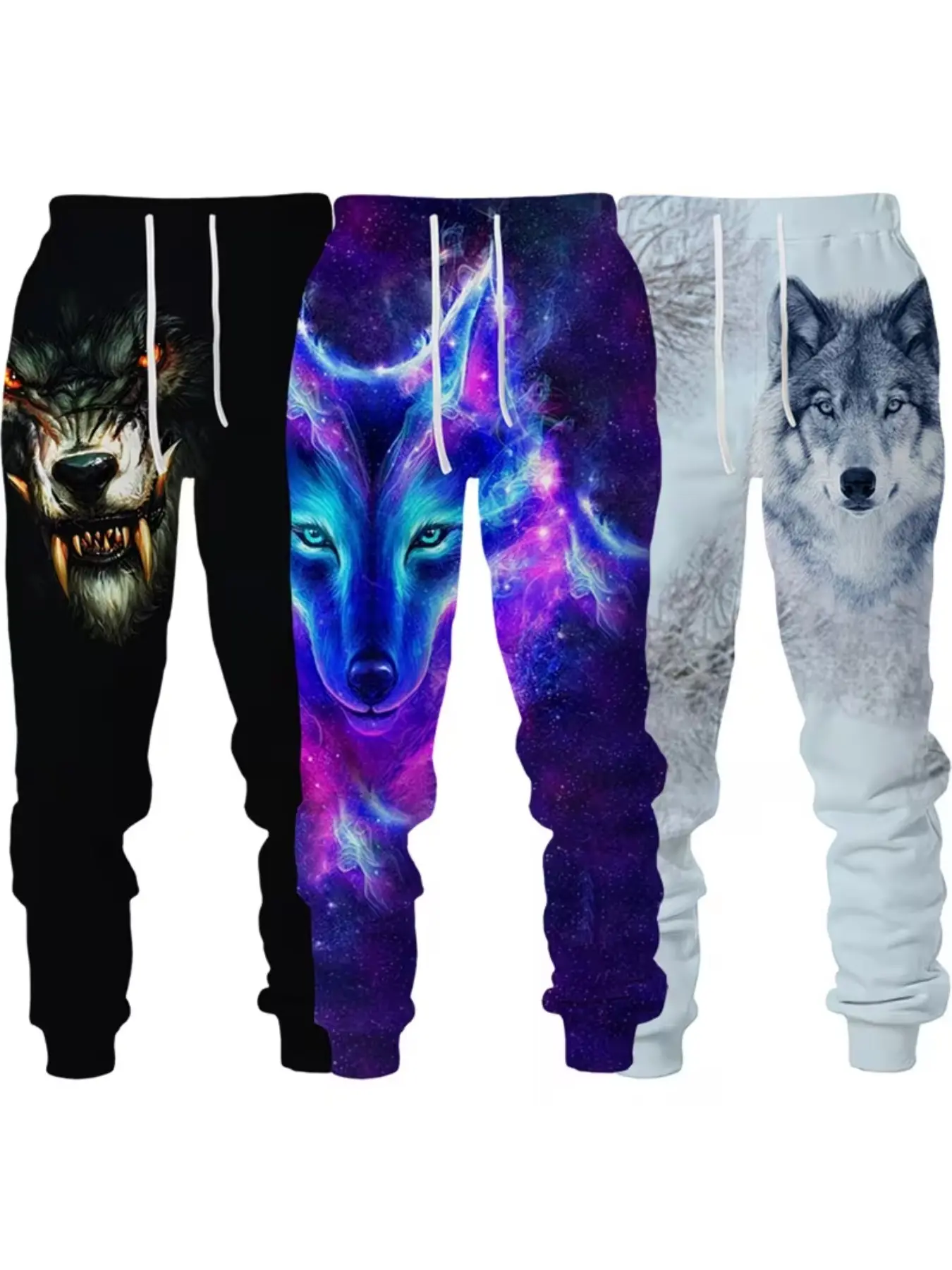 Men's 3-Pack Digital Print Sweatpants, Wolf Totem & Galaxy Design, Elastic Waist, Tight Fit, Spring & Fall Outdoor Wear
