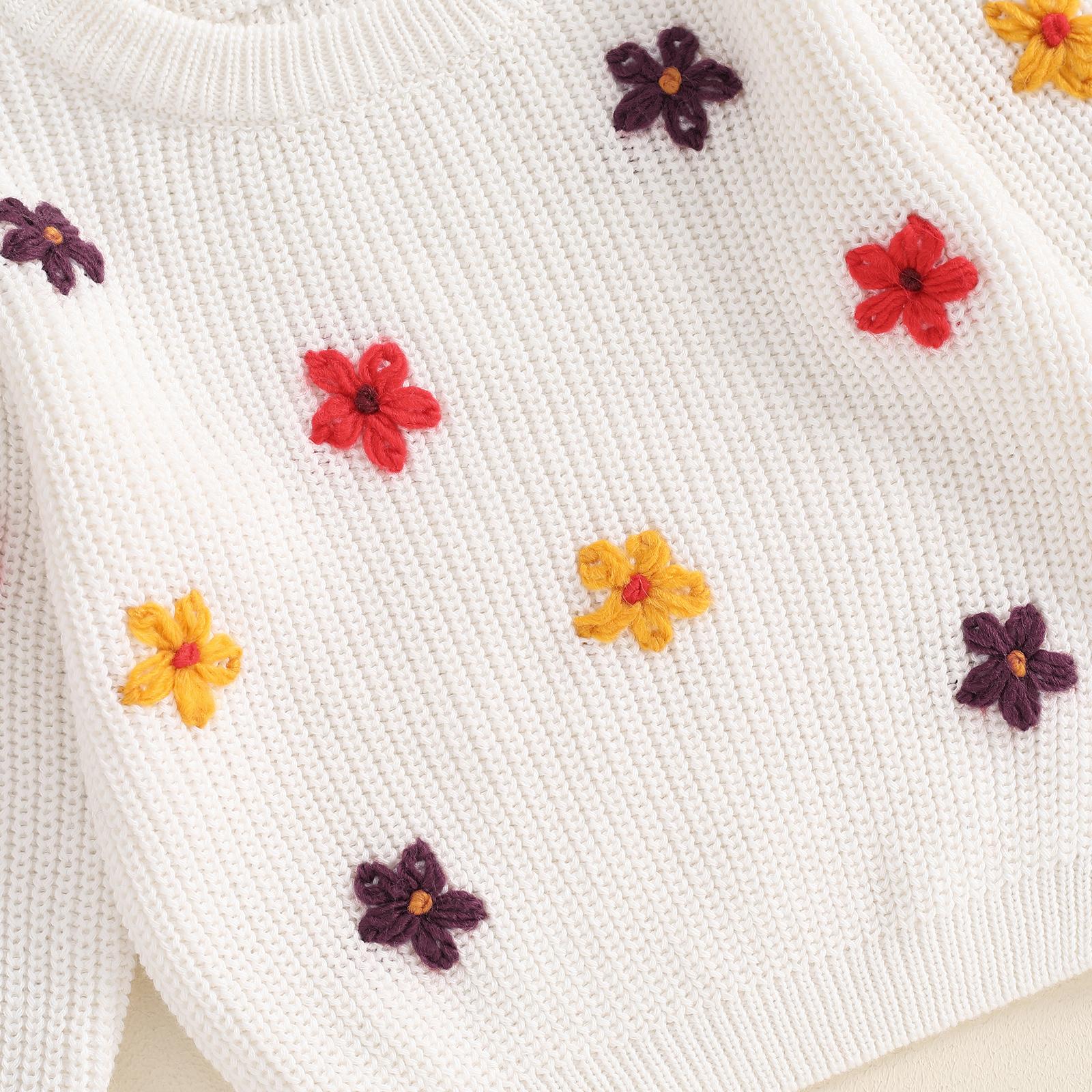Toddler Baby Girl Knit Sweater Blouse Pullover Sweatshirt Flower Embroidery Warm Long Sleeve Tops 0-5 Years