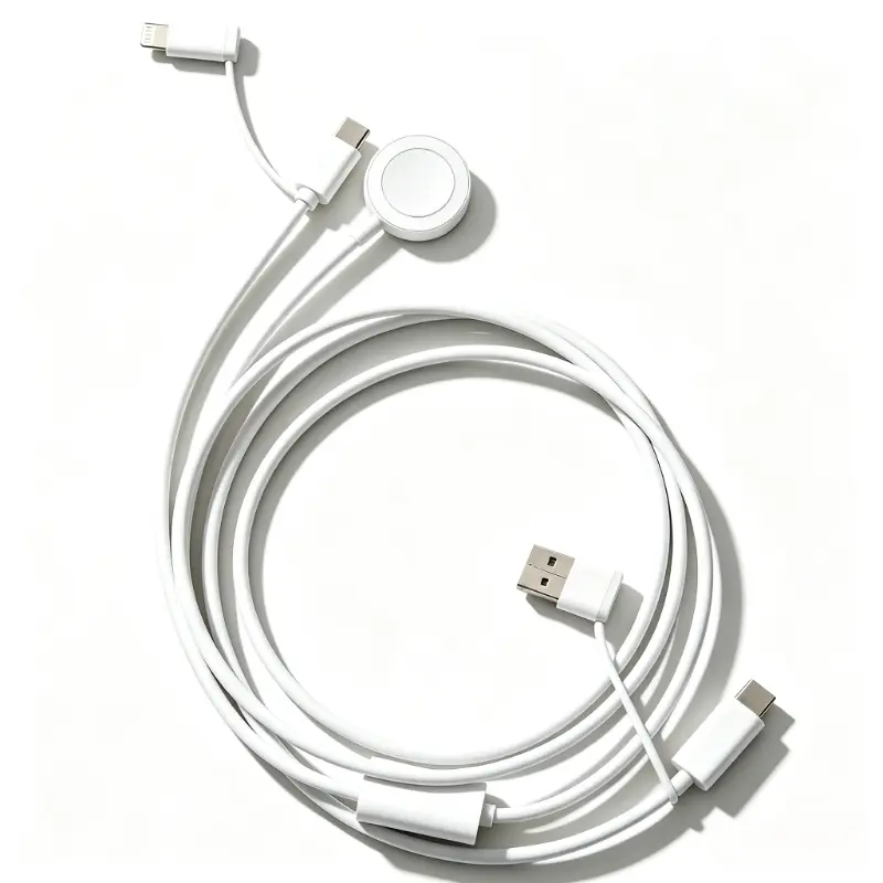 5-in-1 Magnetic Multi-Device Charging Cable USB-A Dual Type-C Lightning Interfaces Magnetic Watch Charger Tangle-Free Wire Support 4 Devices Simultaneous Charging Travel Charging Cord