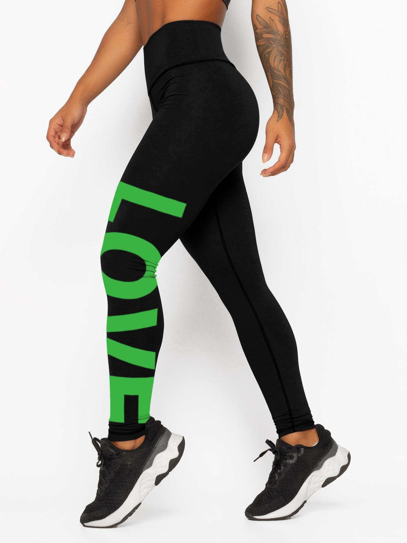 Women's Letter "LOVE" Print High Waist Sports Leggings, Sporty Comfy Skinny Pants, Summer Outfits 2024, Gym Clothes, Gym Fitness Leggings, Stretchy Workout Leggings, Ladies Sportswear, Tummy Control, Skinny Yoga Bottoms, High Waisted Leggings