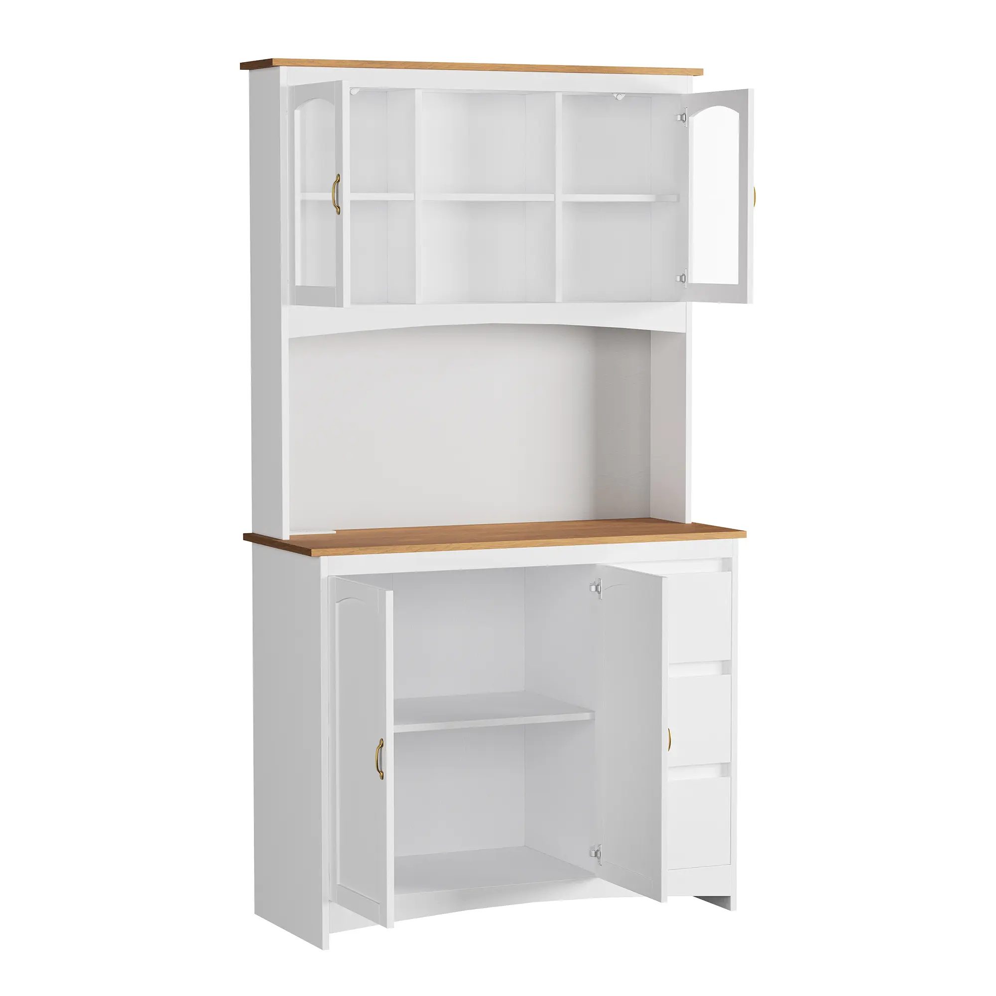71" Tall Kitchen Pantry Cabinet with LED Lights & Charging Station – Vintage Buffet Hutch, 3 Drawers, 4 Doors, Adjustable Shelves, Glass Doors, Countertop for Microwave & Coffee Bar – Classic White & Brown, Golden Handles