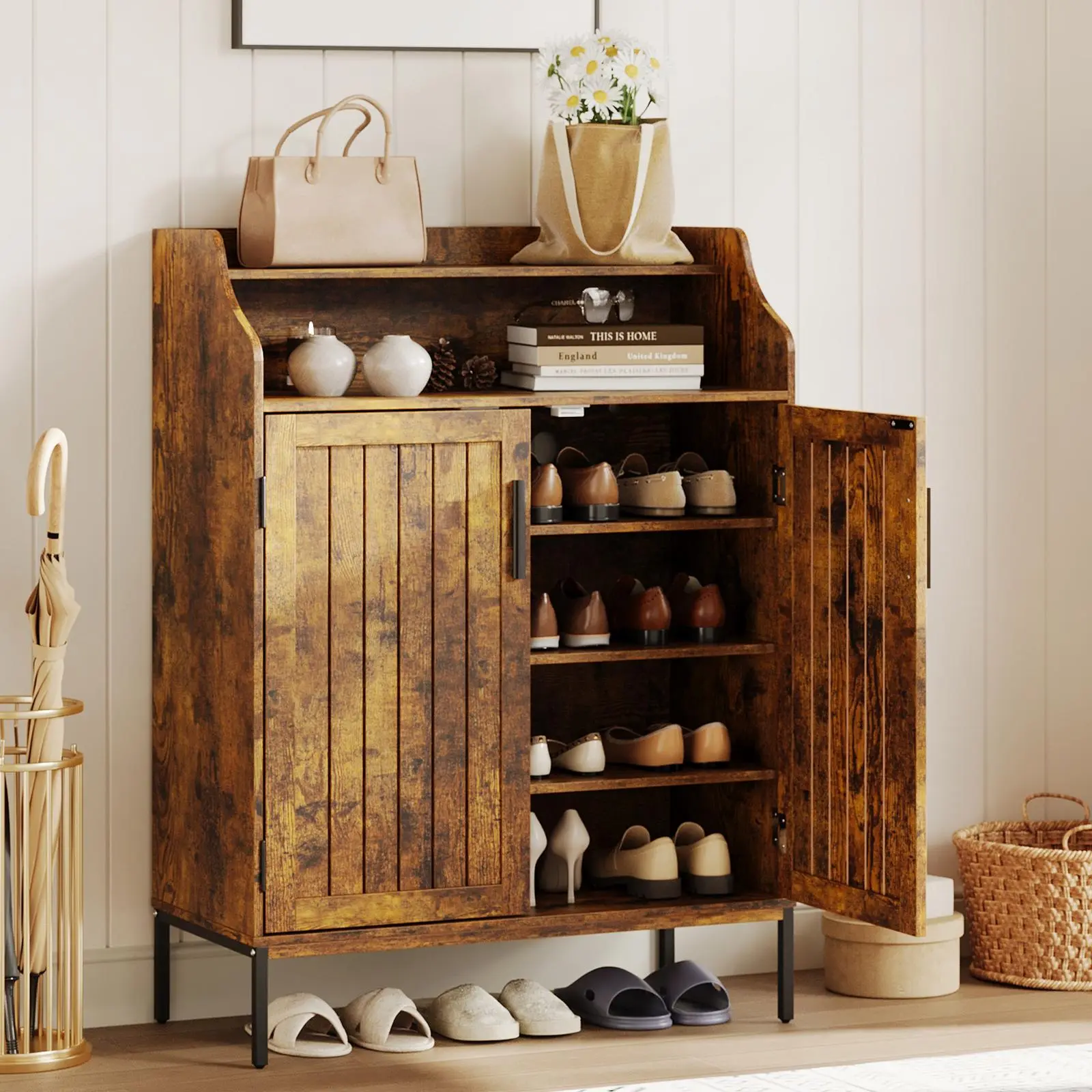 Brown Wood 5-Tier Shoe Storage Cabinet with Doors, 3 Adjustable Shelves & Metal Boxes, 41" Tall Home Organizer for Entryway, Closet
