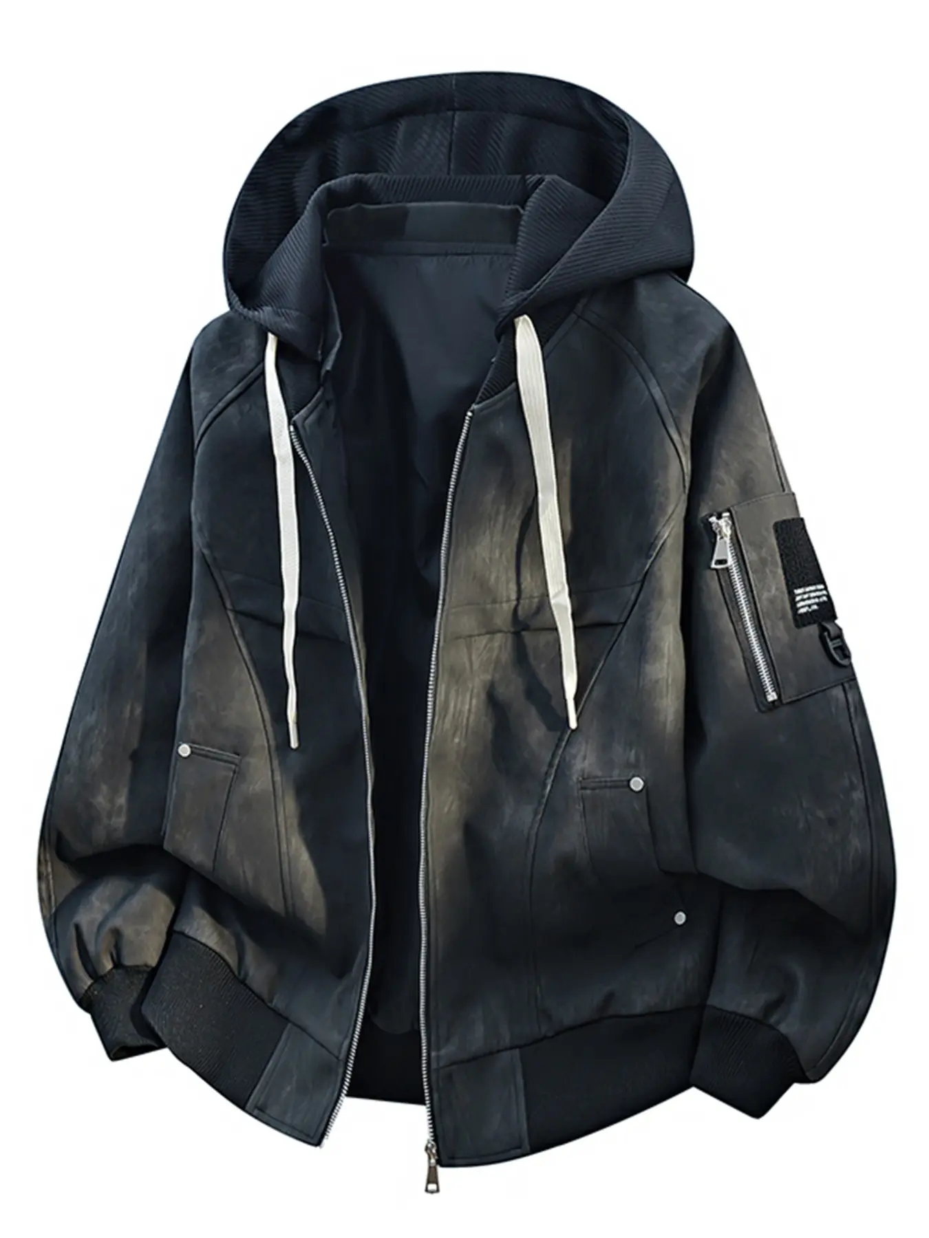 Men's Spring Hooded Leather Zippered Jacket with Hood, High Street Functional Style, Multiple Pockets, Loose Fit, Casual Trendy Fashion Outerwear