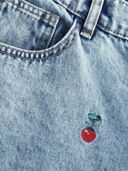 Women's Hand Embroidered Cherry Casual Straight Leg Wide Pants, Elegant Woven Denim Jeans, All Seasons Fashion, Comfortable Fit Trouser