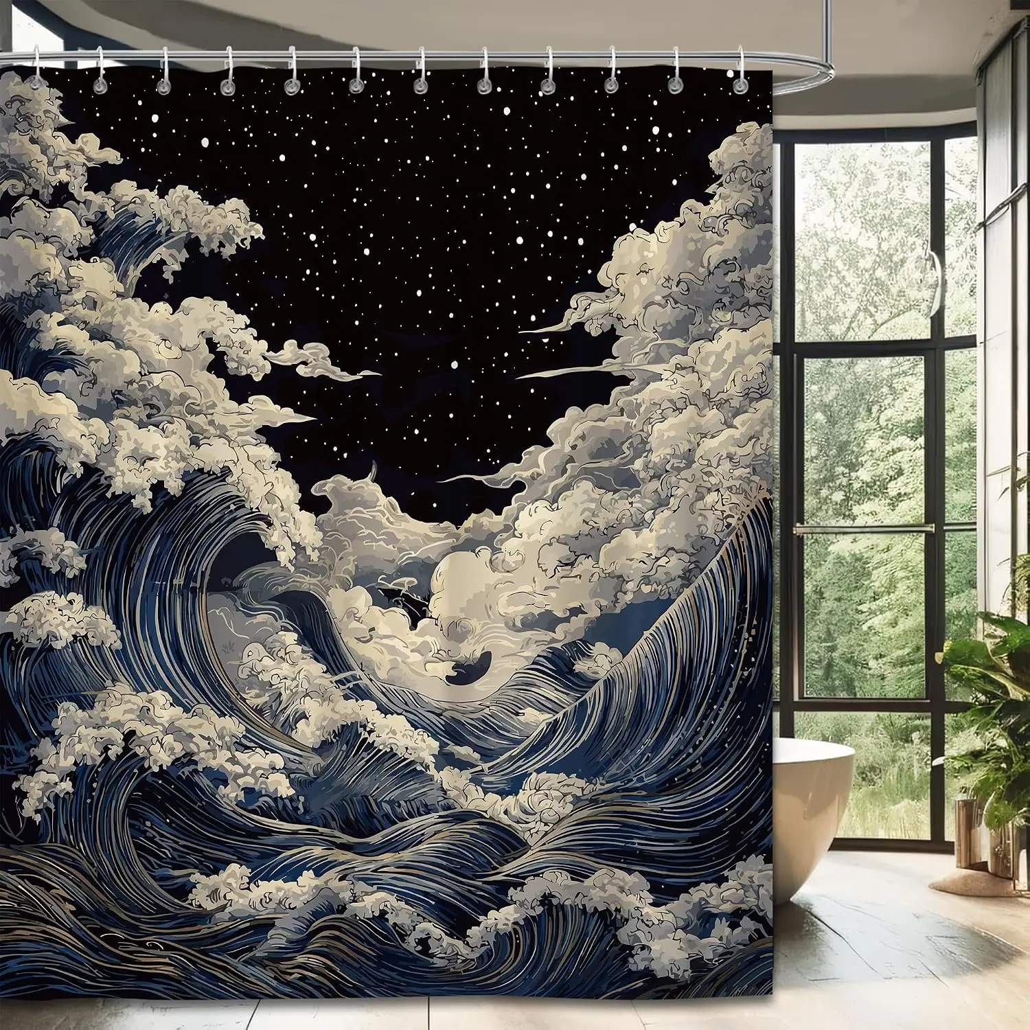 Anime Shower Curtain, Waterproof Fabric Bathroom Curtain with Hooks, 72 x 72 Inch, Japanese Wave Artistic Bathroom Decor