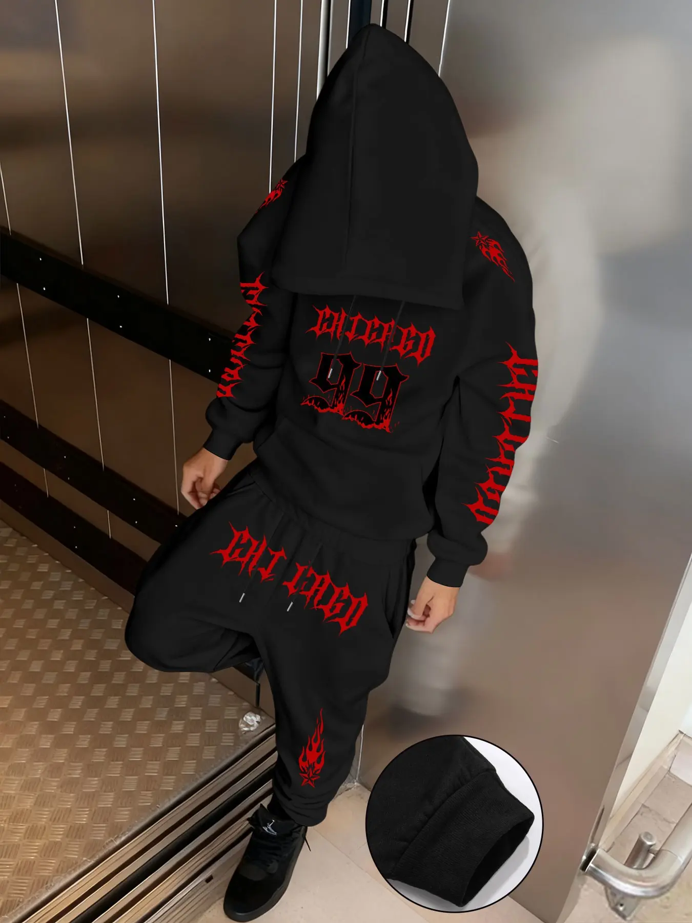 Men's Street Style Angel Wings Cross Star Print Fleece Hoodie and Pants Set, Casual Fall Winter Sportswear Two-Piece, Fleece Tracksuit