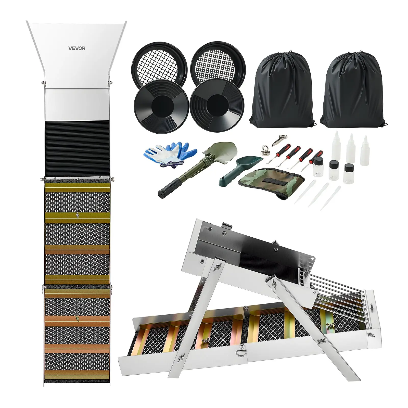 VEVOR 50 In 3-in-1 Folding Highbanker Kit, Portable Mining Prospecting Tool Kit with Sluice Box, Pans, Classifier Screen, Magnet, Backpack & Accessories (26 PCS)