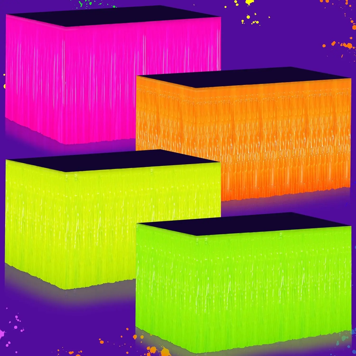 4-Pack Glow-in-the-Dark UV Reactive Tinsel Foil Fringe Table Skirt Set, 31.5"x118" Neon Fluorescent Streamers for Blacklight Rave, Birthday Glow Event Party Supplies (Tableware Decor), Wall