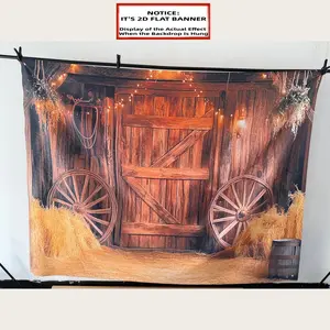 2D Flat, 1pc Western Barn Backdrop Banner, Party Decorations Banners, Rustic Farm Party Decor with Wooden Doors, Hay Bales, Wagon Wheels, Durable Polyester Photography Background for Birthday, Cowboy Party Decorations, Easy Setup