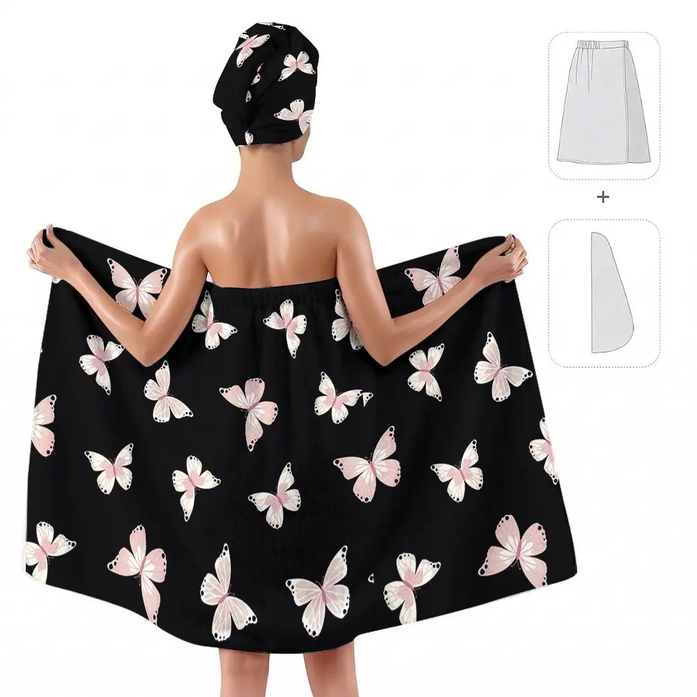 2pcs Watercolor Butterfly Print Bath Towel Set, Adjustable Bathrobe and Hair Dryer Set, Ideal for Sauna, Spa, Home Use, Versatile Use