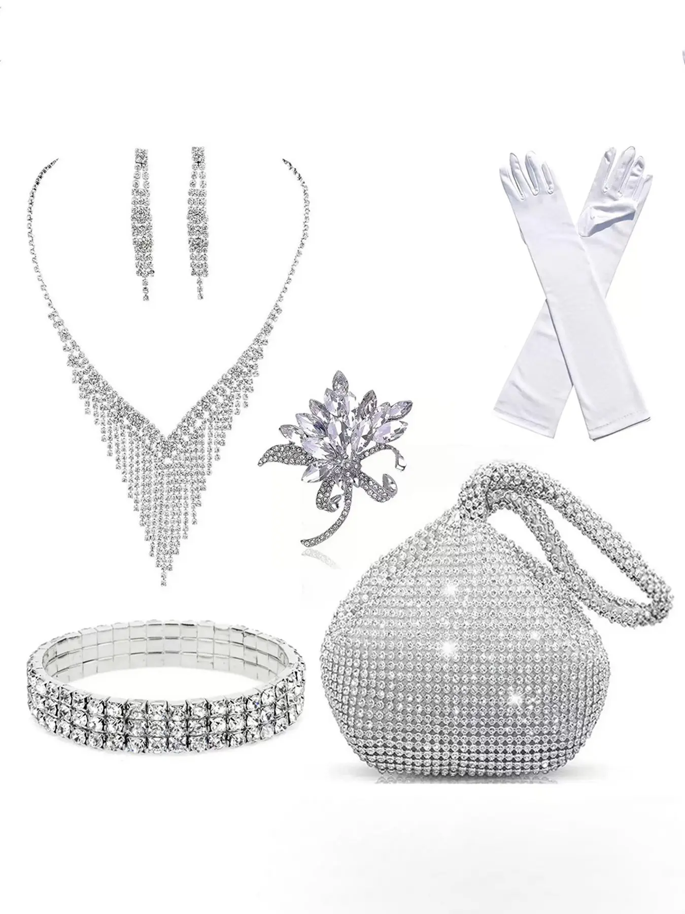 6-Piece Women's Clutch Set — Sophisticated Black Evening Handbag, Dinner Bag, and Matching Prom Jewelry Set (Featuring Rhinestone Tassel Earrings, Necklace, and Brooch) — Ideal for Weddings and Various Formal Banquets