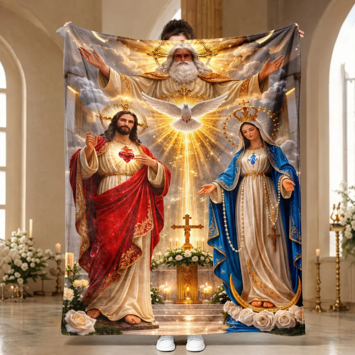 Holy Trinity Christian Flannel Throw Blanket Religious Oil Painting Flannel Blanket Ultra Soft Cozy Blanket for Couch Sofa Bed Faith Home Decor Easter Christmas Birthday Thanksgiving Gift