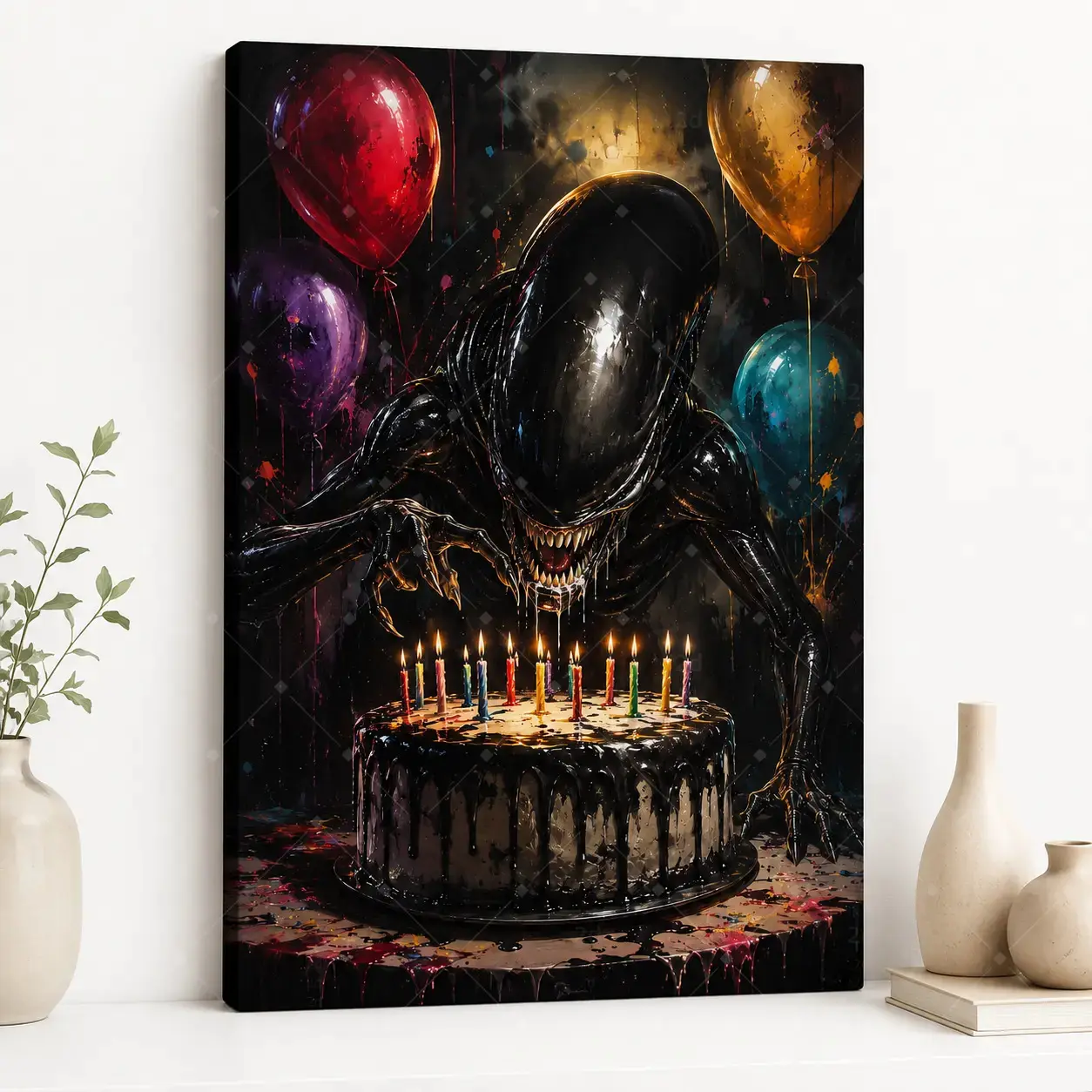 Drip-Float Gothic Dark Sci-Fi Alien Monster Poster Print - Glossy Splatter Paint Wall Art, Unframed/Framed Canvas for Hanging, Chocolate-Themed Halloween Bedroom Man Cave Decoration & Gift