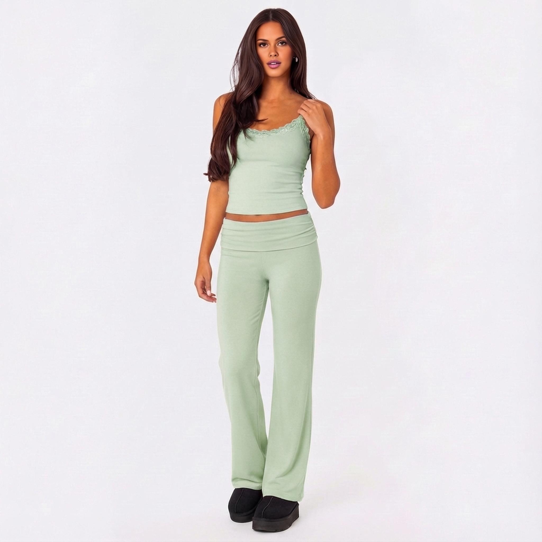 KatchMe Women's Casual Solid Color Lace Trim Ribbed Camisole & Folded Waist Slightly Flared Trousers Co-ord, Basic Thin Strap Top & Trousers Two Piece Sets