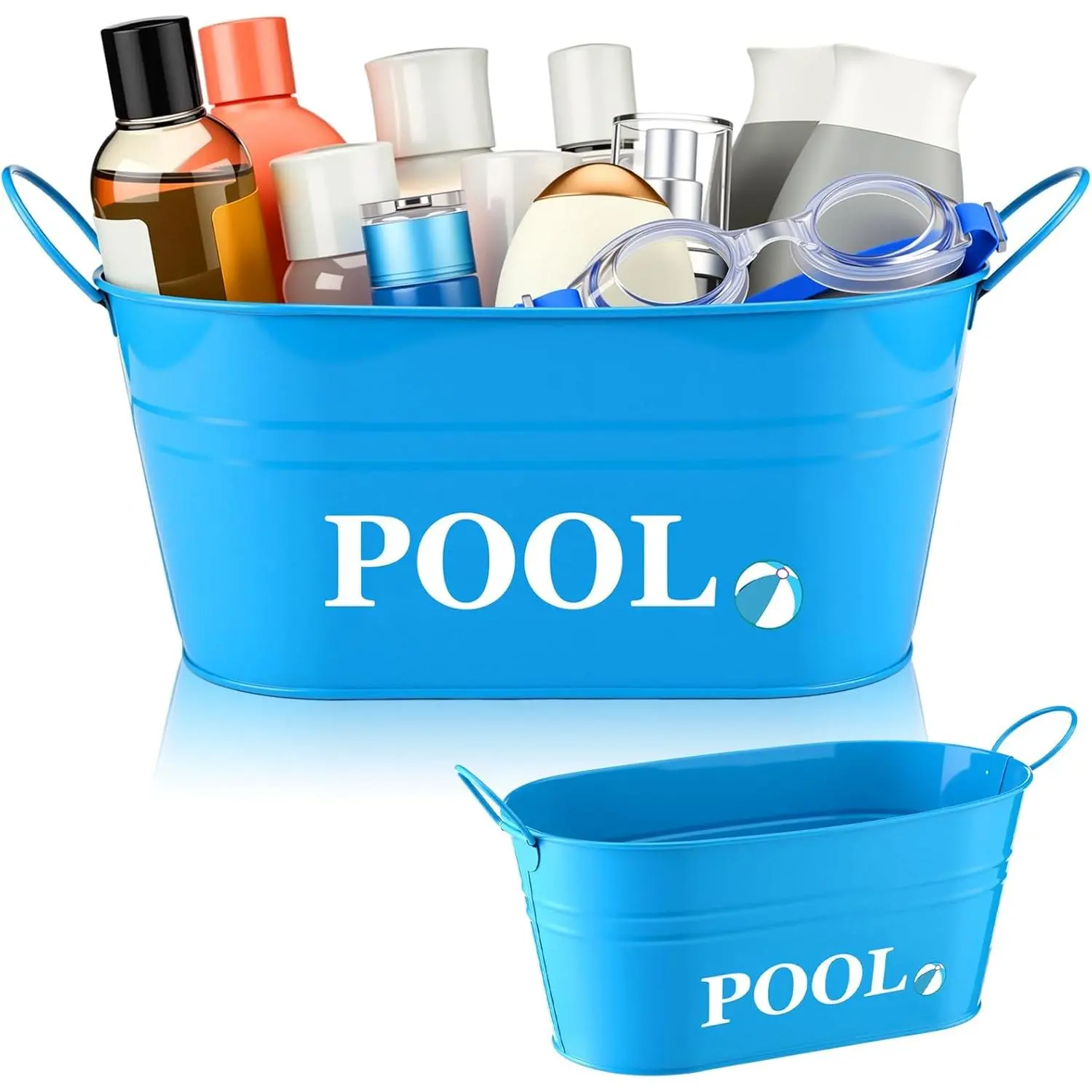 Metal Coated Pool Storage Bucket Organiser - 10.63x5.51 Anti-Tip Above Ground Pool Bin, Home Supplies Laundry & Outdoor Storage for Sunscreen, Goggles, Flip Flops, Swimming & Beach Accessories (Blue), Rectangular