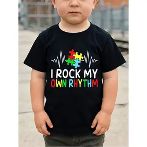 1pc Kids' Puzzle Piece Heartbeat Rock My Own Rhythm Print Black TShirt Crew Neck Casual Cotton Tee Medium Stretch Knit Fabric Regular Fit For Boys