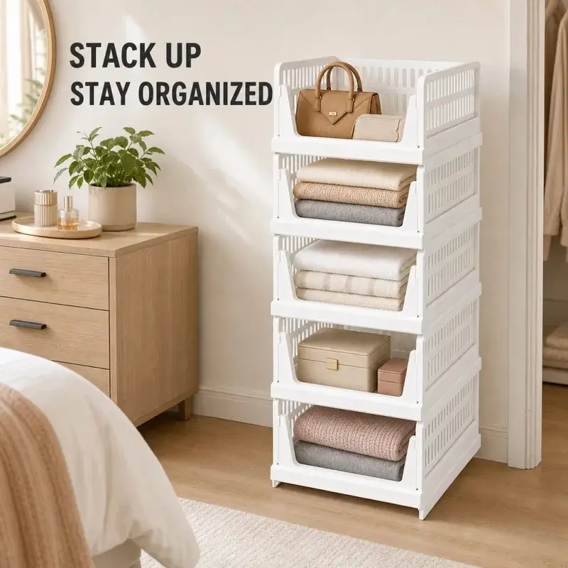 Stackable Storage Bins, 3 or 5 Tier Closet Organizer with Open Front Shelves for Clothes, Towels, Handbags & Pantry Storage, Modular Plastic Shelf Unit, Pearl White or Cream Yellow
