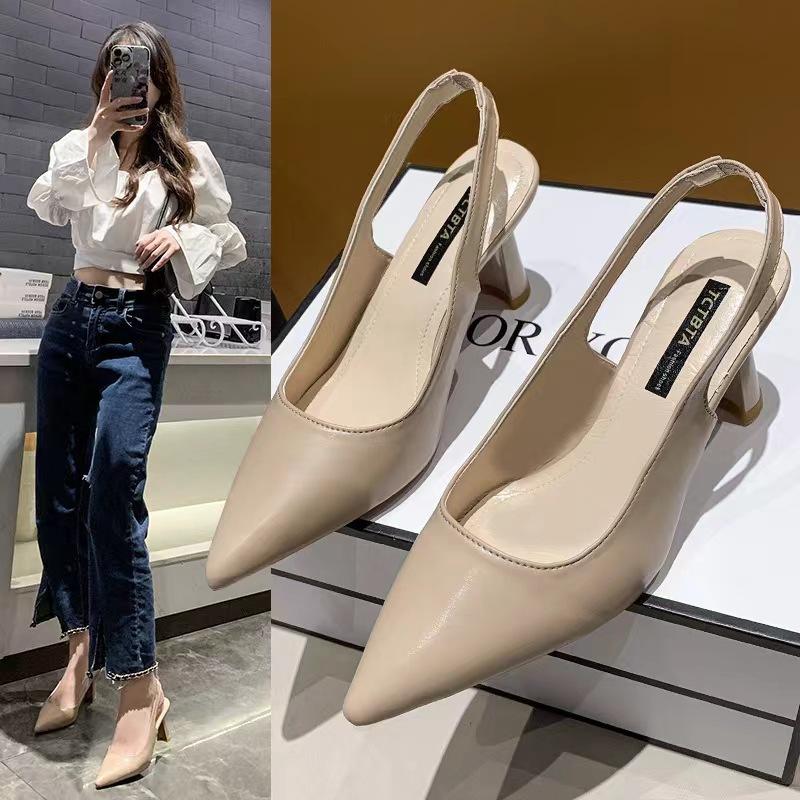 Spring Summer Womens Pointed Toe High Heels Thin Heel Closed Toe Sandals Backless Shallow Heel Single Shoes Fashion Versatile