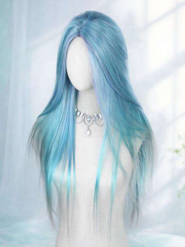 Mermaid Wig Ombre Blue Mixed Lilac, 30 Inch Long Straight Hair, Heat-Resistant Synthetic Wig for Women & Girls Cosplay & Daily Wear