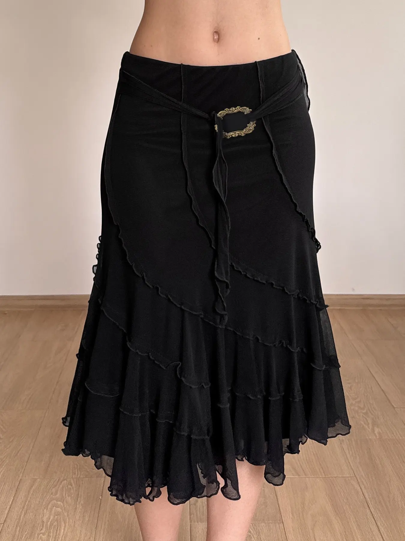 Dark Aesthetic Style Layered Mesh Midi Skirt for Women, Waist Cinch Adjustable Tie Metal Buckle Flowy Half Skirt, Elegant Loose-Fitting H-Type Design