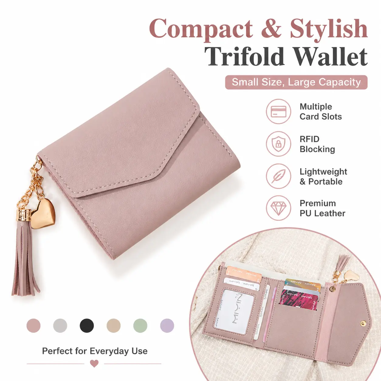 Women's Solid Color PU Leather Card Holder, Fashionable Tassel Decor Short Wallet, Casual Versatile for Daily Use, Casual Trendy Wallet, Ladies Wallet, Card Slots Wallet-YY0
