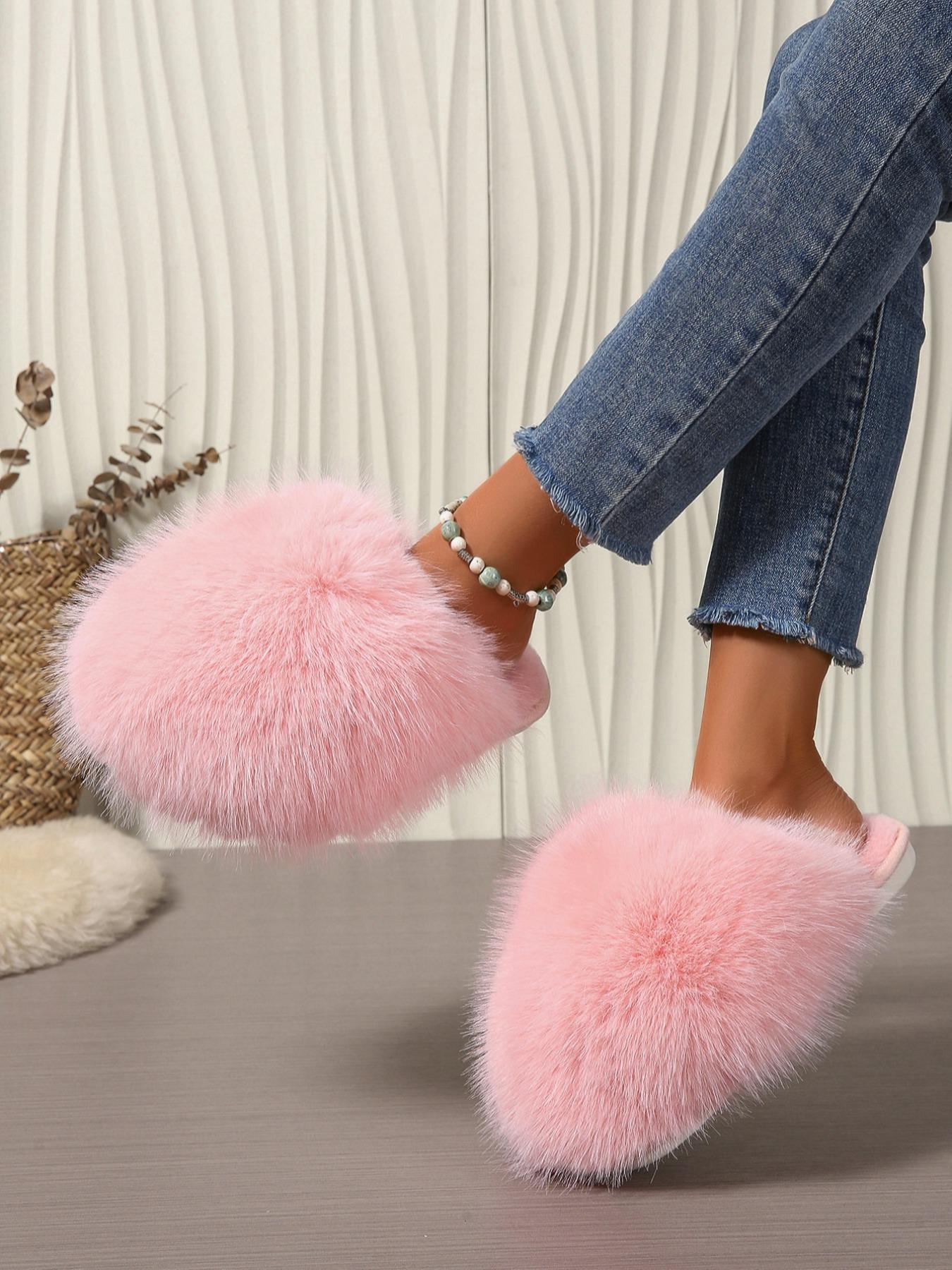 Women's Solid Color Fluffy Plush Slippers, Casual Soft Comfortable Home Slippers, Warm Slippers for Indoor & Outdoor Use for Fall & Winter