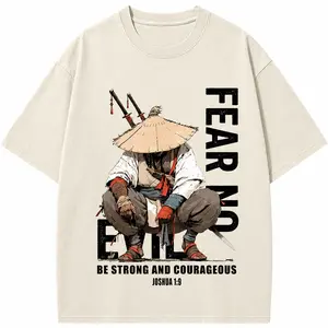 Fear No Evil Christian Joshua 1:9 Be Strong Unisex Washed T-Shirt, Y2K Vintage Anime Warrior Graphic Jesus T-shirt, Christian Apparel Streetwear, Bible Verse Tee, Jesus Apparel Faith Based Shirt Oversized Fit Cotton Tee, Trendy Vintage Top for Daily Wear