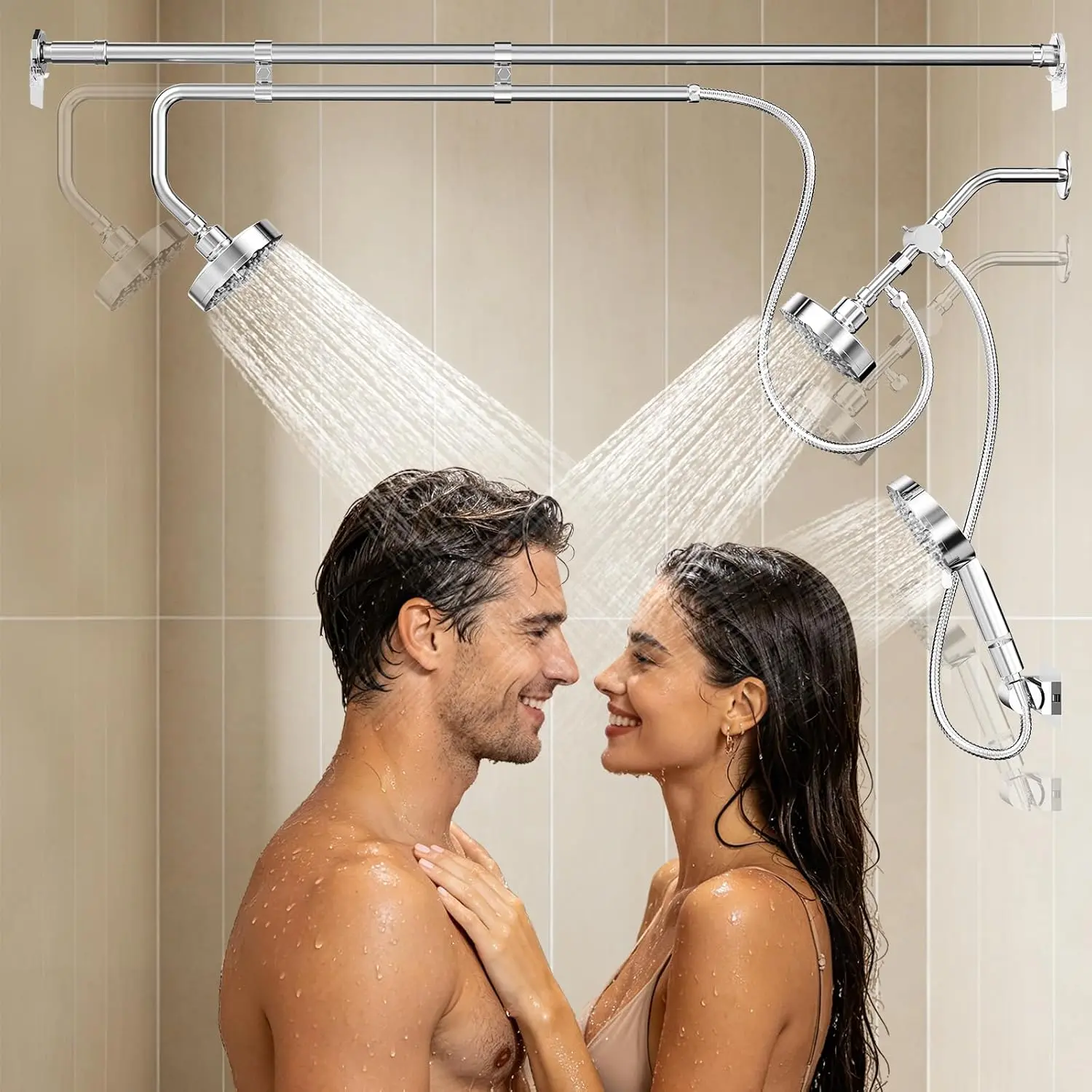 Shower  with Extra Handheld Sprayer for Couples & Families | 3 Shower Heads & 9  Modes, High  Tandem Shower, 180° Adjustable, Simultaneous Use, Easy Install