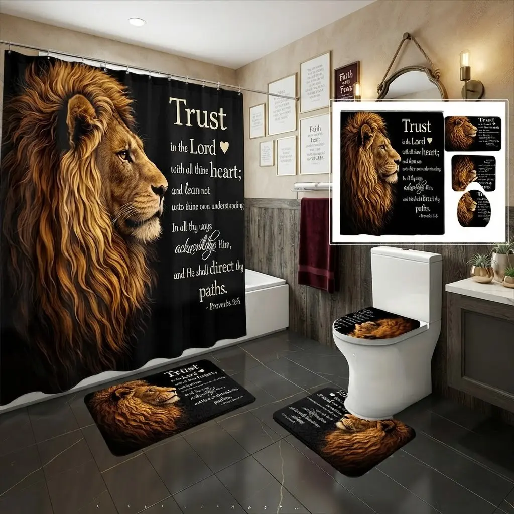 4pcs Majestic lion portrait with Bible proverb inspirational text shower curtain bathroom decor set, faith-themed wildlife pattern restroom accessories,The floor mat fabric is thicker and softer!  inspirational spiritual style home bathroom decoration