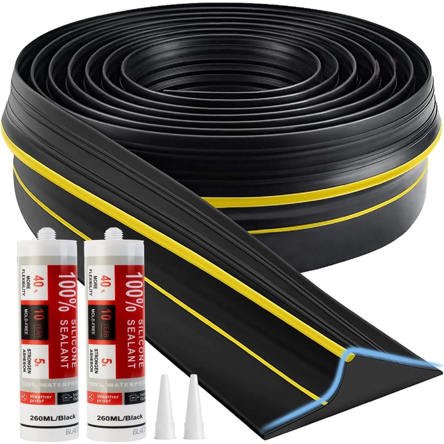 Universal Garage Door Threshold Seal Strip 20FT Kit, Bottom Waterproof Rubber Weather Stripping Replacement(Yellow, 2 Adhesive)