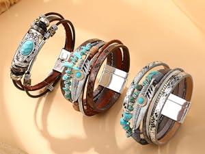 Women’s Leather Wrap Bracelets - Boho Western Cuff Style, Beaded Stackable Design | Gold, Black, Gray Trendy Fashion Accessories