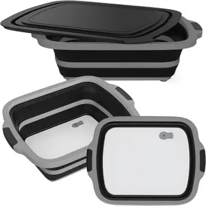2-Pack XL Collapsible BBQ Prep Tub with Built-In  Board, Lid & Strainer - Marinate, Drain & Prep - Large -Safe Container -  for Grilling,  & Outdoor Cooking (Black)