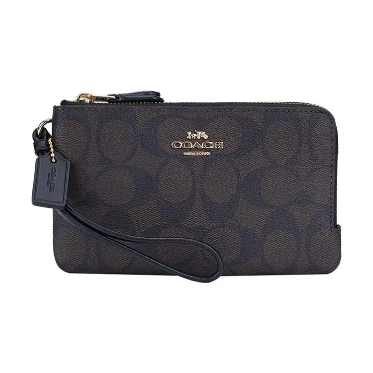 COACH Corner Zip Double-Zip Clutch Bag for Women – Canvas and Leather with Monogram Pattern, Black and Brown