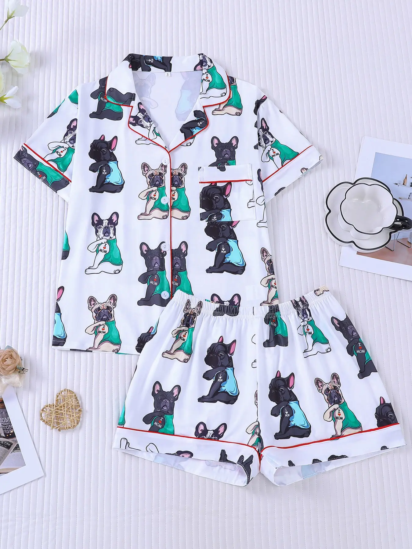 Women's 2-piece pajama set, Pyjamas with cute cartoon French Bulldog all-over prints on white base, red contrast piping. Lapel short sleeve top with pocket, soft elastic waist shorts, adorable pet style all-season casual loungewear for women