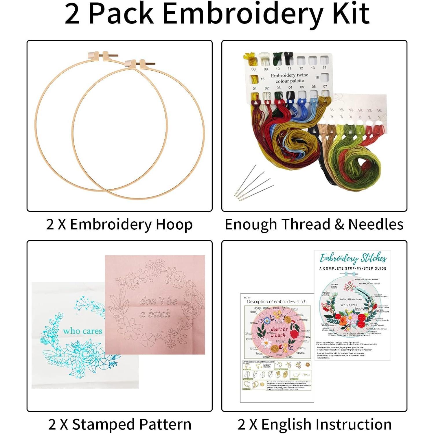 2 Sets Funny Embroidery Kit with Stamped Floral  for Beginners Adults Simple  Stitch Kits Include Needlepoint Cloth Hoops  Threads