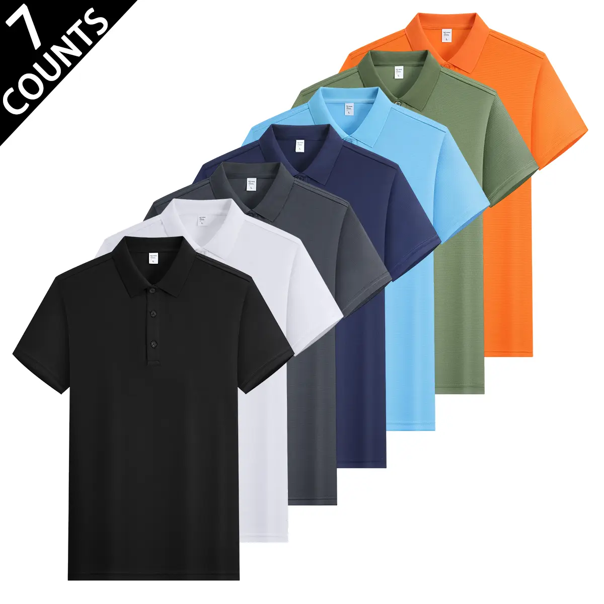 Seven piece men's solid color short sleeved polo shirt set, classic lapel door buckle design, regular loose fit, suitable for daily commuting, light business occasions, and summer outings.