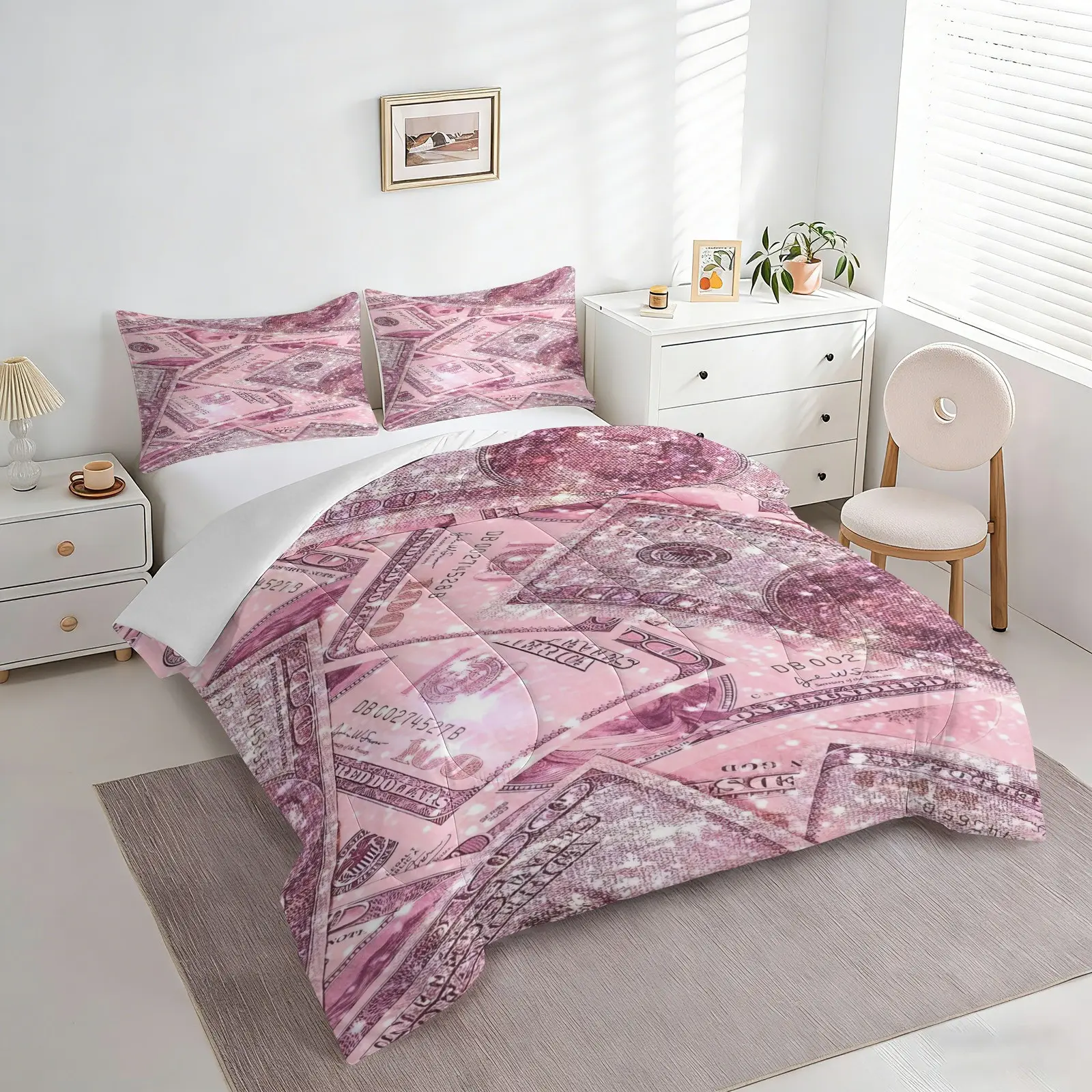 Pink Money Pattern Comforter Set, 1 Quilt & 1/2 Pillowcase No Pillow Insert, Luxury Stylish Bedding Set, Soft Breathable Bed Comforter, Modern Room Decor for Women, Teen Bedroom & Apartment Decoration