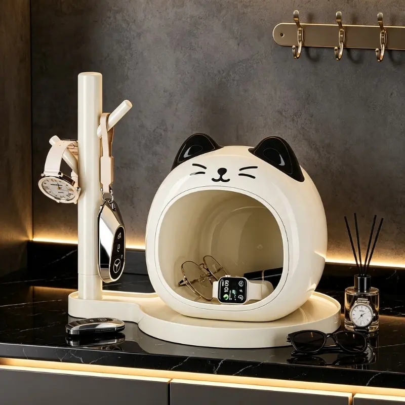 Cute Cartoon Cat Key Storage Box with Hook Rack, Entryway Desktop Organizer, Home Decor Ornament for Keys Watch Earphones Small Sundries Household Storage