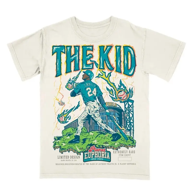 PE THE KID Ken Griffey Seattle Teal Edition Planet Euphoria Graphic Tee - 90s Vintage Unisex Shortleeve Round Neck Casual Streetwear Sports Top