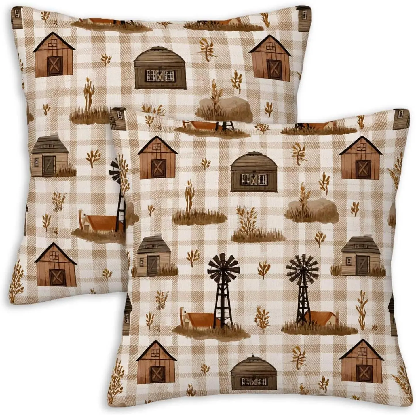 Barn Gingham  Throw Pillow Covers 18x18 Inch, Set of 2 | Country Rustic Square Cushion Cases for Couch Sofa Living Room | Neutral Beige  Decor, Decorative Pillowcases