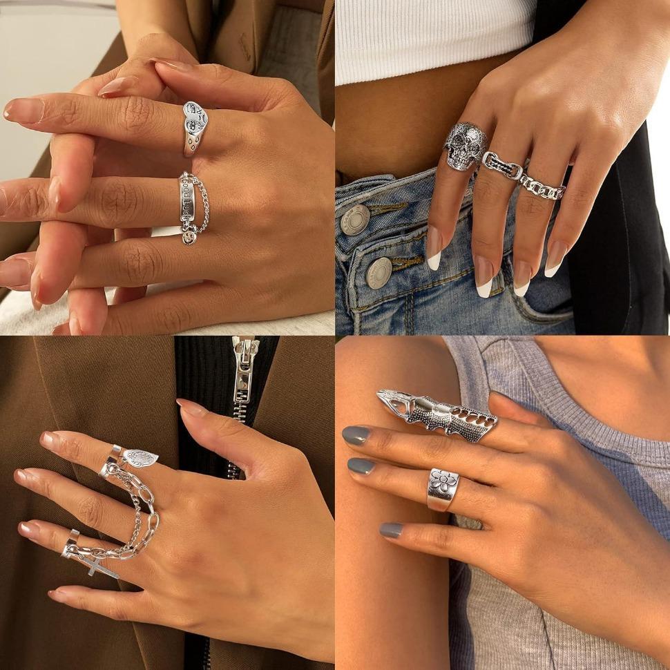 FLORIDECO 19PCS Punk Chain Rings & Layered Chain Necklace Set for Women Men Cool Goth Vintage Stackable Open Finger Rings Statement Pendant Choker Necklace Emo Y2K Jewelry Daily