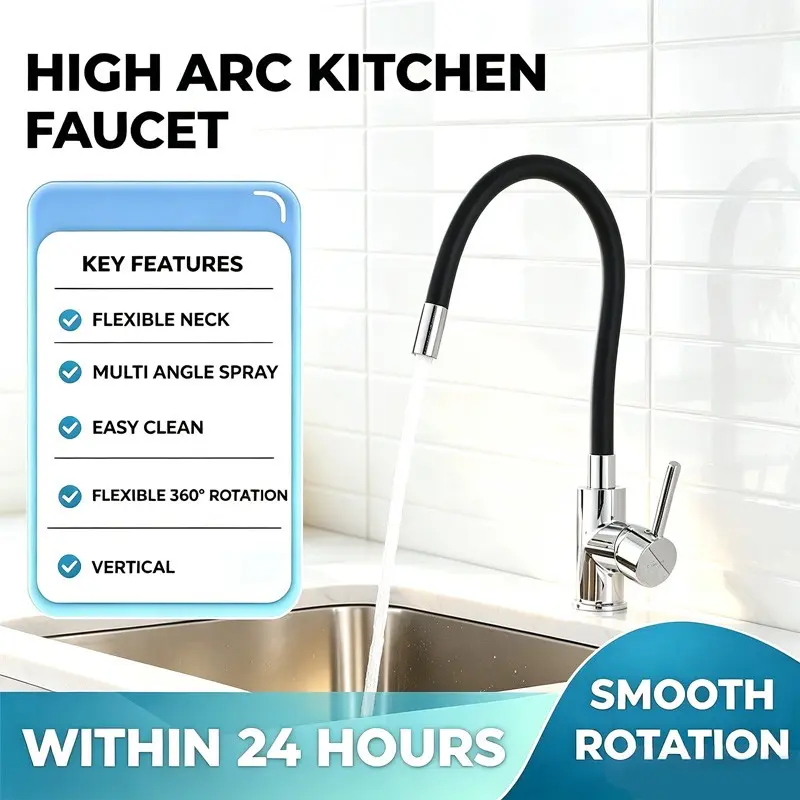 MOMALI High Arc Kitchen Faucet with Black Silicone Nozzle - 360° Swivel Single Handle Chrome Deck Mount Hot Cold Mixer Tap for Farmhouse Bar RV Laundry