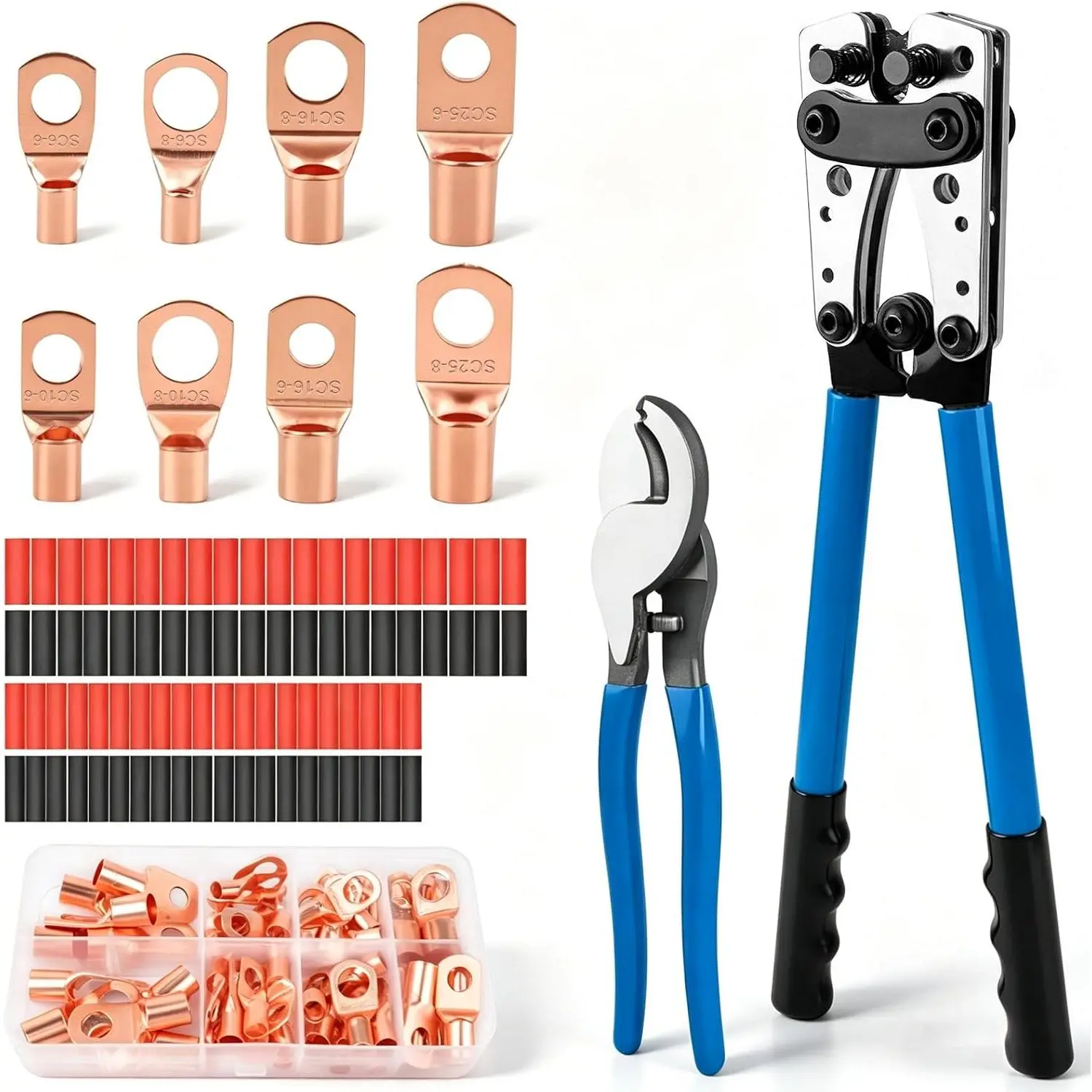 Battery Cable Lug Crimping Tool with Cable Cutter, 60pcs Copper Lugs &  Heat Shrink Tubing for AWG 10 to 1/0 Gauge