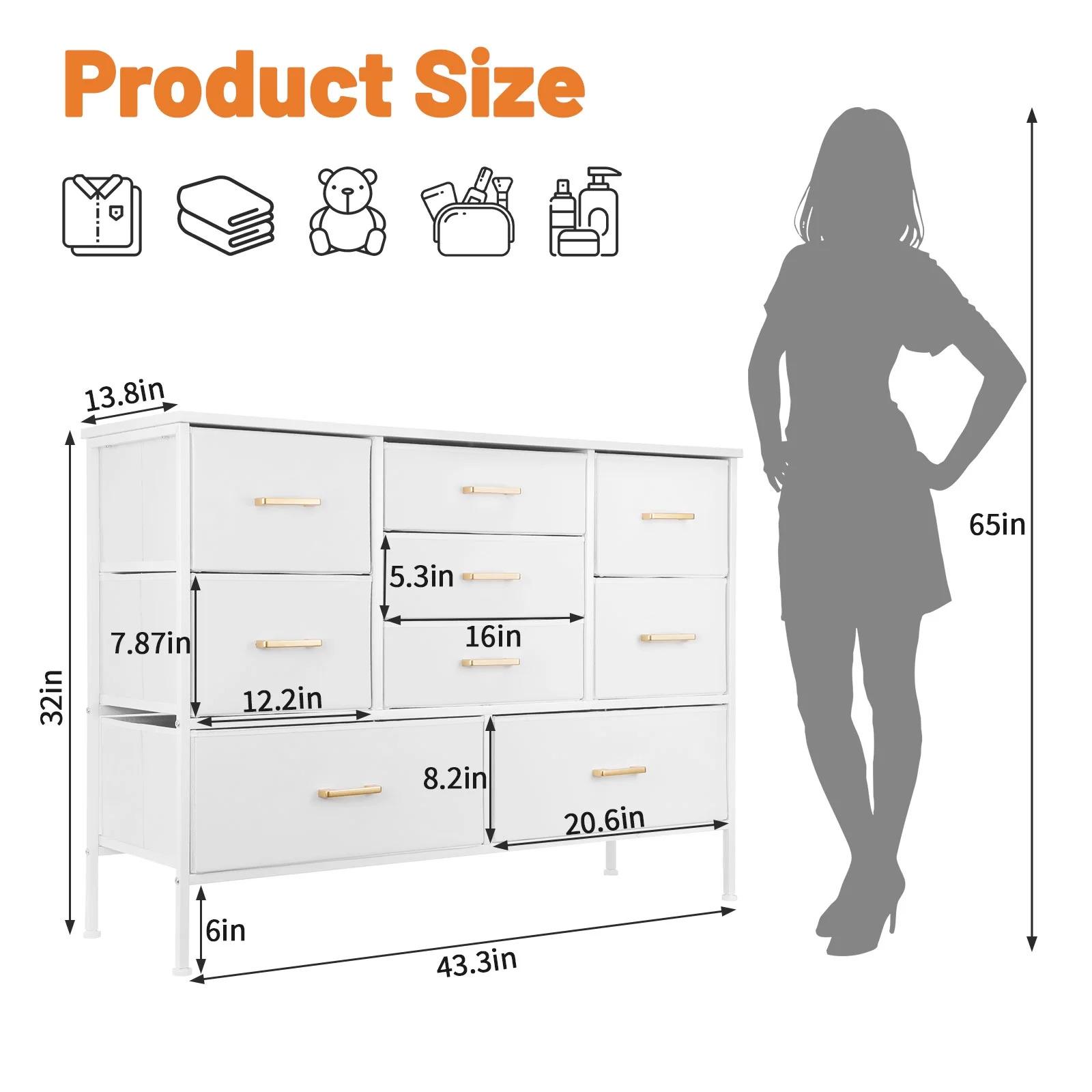SICANDAENHK Maximize space with this stylish 9-drawer fabric storage tower!Slim tall chest of drawers with durable fabric bins offers large capacity for clothing, blankets, accessories and baby items.Clean white finish fits any decor, ideal for bedroom